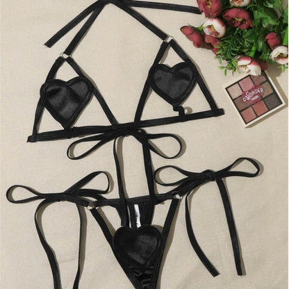 European & American Hot-Selling Erotic Lingerie New Hollow Heart Exposed Breast Three-Piece Set