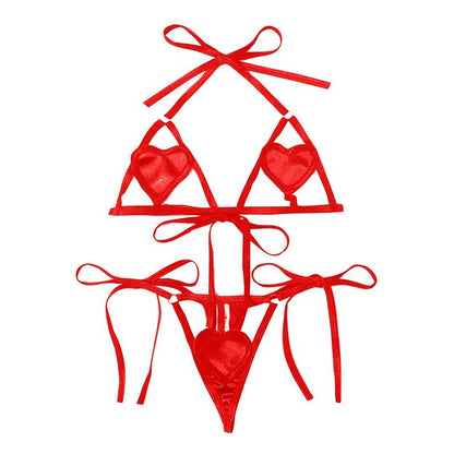 European & American Hot-Selling Erotic Lingerie New Hollow Heart Exposed Breast Three-Piece Set